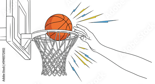 Action shot of a basketball going through the net with a player hand nearby and speed line effects for sports use.
