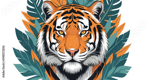 Majestic tiger head surrounded by colorful tropical leaves and jungle foliage in a detailed vector illustration style.