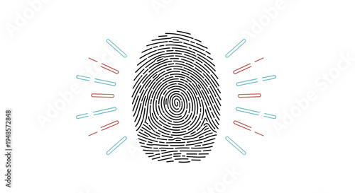 Human fingerprint detailed scan with colorful radiating lines suggesting identification security and biometric authentication technology.
