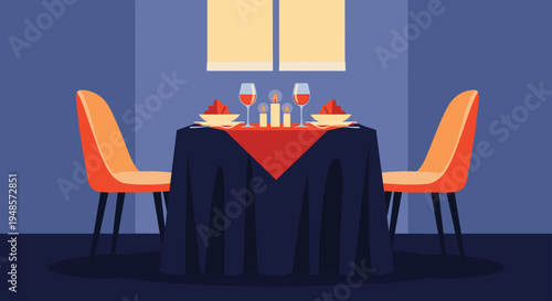 Romantic dinner table setting for two featuring red wine glasses lit candles and elegant plates in a cozy indoor restaurant scene.