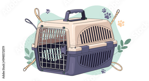 Sturdy plastic pet carrier for dogs or cats shown with leash and paw print background elements for animal travel and transport concepts.