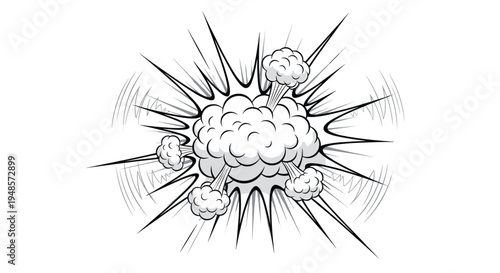 Dramatic comic book style explosion with smoke clouds and sharp radial lines depicting a powerful blast or impact in monochrome.