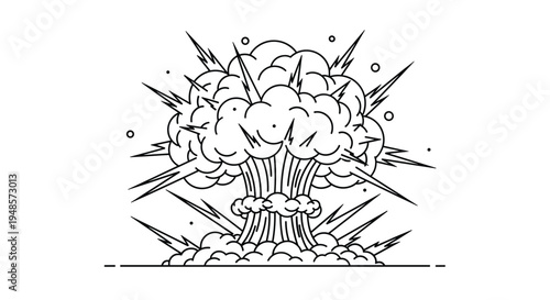 Mushroom cloud from a massive explosion depicted in a detailed black and white line art style for historical or dramatic concepts.