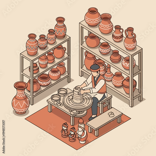 An artisan shaping pottery on a wheel, surrounded by shelves of finished ceramic pieces.