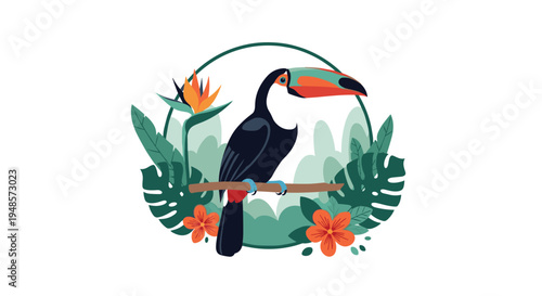 Colorful toucan bird perched on a branch inside a circular frame with exotic tropical flowers and lush green jungle leaves.