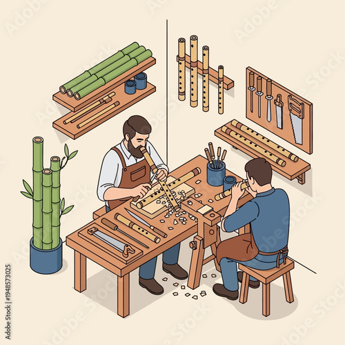 Two artisans crafting flutes at a workbench, surrounded by tools and materials.