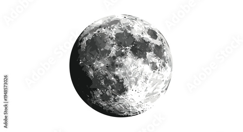 Realistic grayscale image of the full moon surface showing detailed craters and highlands against a clean white background.
