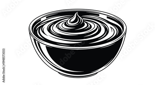 Bowl of thick cream yogurt or dip with a swirl on top shown as a black and white high contrast illustration for food packaging.