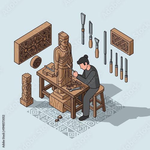 An artisan meticulously carves a wooden statue, surrounded by tools and finished pieces.