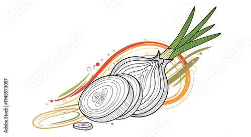 Artistic drawing of a whole onion with fresh slices set against a background of dynamic colorful swirls and paint splatters.