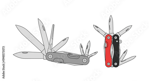 Versatile multi tool or swiss army pocket knife shown in different positions with multiple blades and tools for survival and utility.