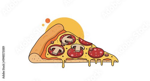 Mouth watering slice of pepperoni pizza with melted cheese mushrooms and peppers in a vibrant flat illustration style.