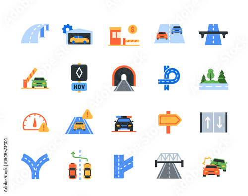 Motorway icon set. Colorful signs with highway, moving cars, tunnel, parking lot, toll road, accident, oncoming traffic, and road signs. Flat vector illustration collection isolated on background