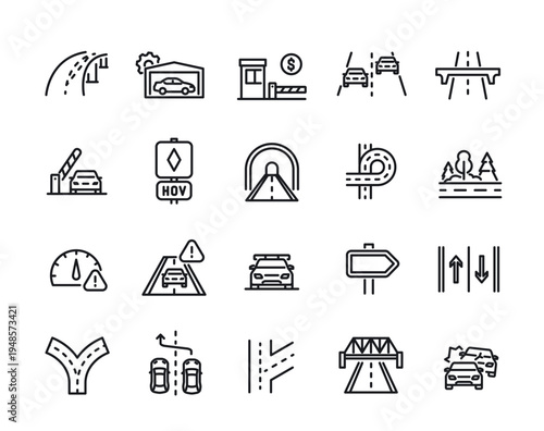 Motorway line icon set. Simple symbols with highway, moving cars, tunnel, parking lot, accident, oncoming traffic, and road signs. Outline vector illustration collection isolated on background