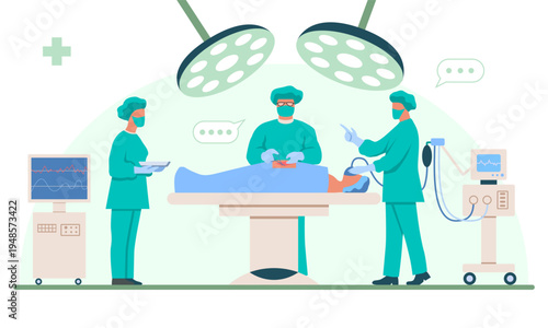 Surgical operation. Male surgeon, anesthesiologist and female nurse perform medical operation on patient on operating table. Doctor performs surgery. Flat vector illustration isolated on background