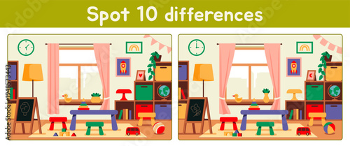 Find 10 differences. Spot difference in children's room with toys and furniture. Educational games for children to develop attentiveness. Flat vector illustration