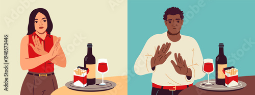 People give up bad habits. Man and woman make stop gesture with their hands, rejecting offer to smoke or drink alcohol. Overcoming addictions and healthy lifestyle. Flat vector illustration collection