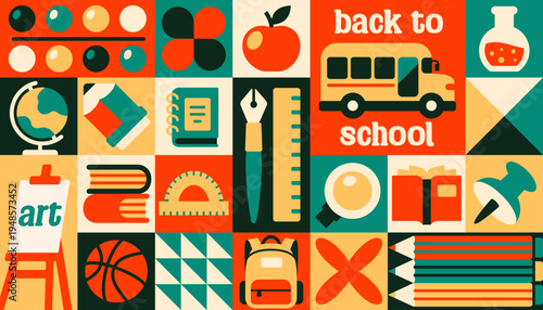 Back to school poster. Colorful collage in modern geometric style with school supplies, pencils, globe, book, backpack and bus. Education, learning and studying. Flat vector illustration