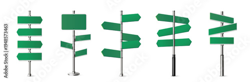 Green street signs set. 3D Directional pole with wayfinding arrows and green signs showing address. City navigation. Realistic vector illustration collection isolated on background