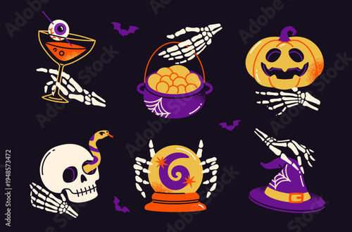 Halloween Party Sticker Set. Skeleton hands hold spooky cocktails, creepy pumpkin, witch hat and vat of potion. Seasonal celebration. Hand drawn vector illustration collection isolated on background