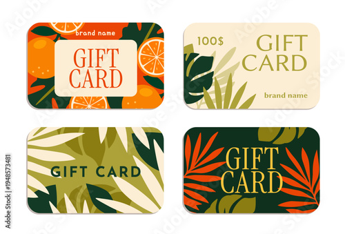 Gift card template set. Vouchers or certificates with tropical summer designs, palm leaves and oranges. Discount coupons for shopping. Flat vector illustration collection isolated on background