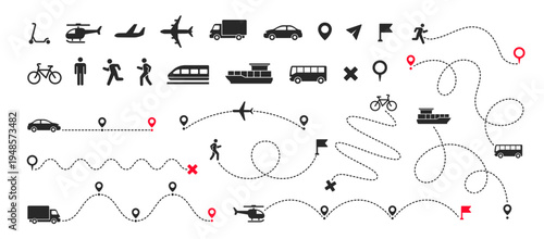 Travel navigation routes. Set of icons with vehicle silhouettes, location pins, and dashed route lines. Elements for map and path creation. Flat vector illustration collection isolated on background