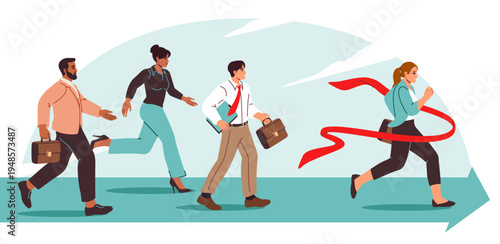 Business competition. Male and female entrepreneurs and office workers racing against each other. Businesswoman crosses finish line as symbol of leadership and efficiency. Flat vector illustration