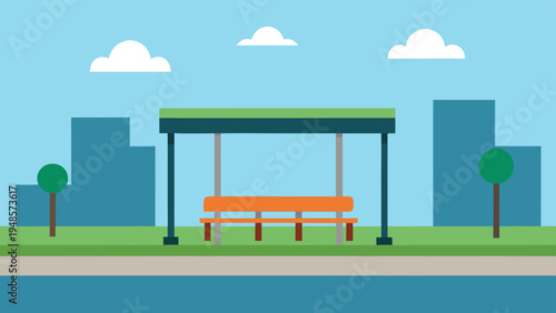 A minimalist bus stop shelter with an orange bench located in a park setting with green grass and blue building silhouettes in the background.
