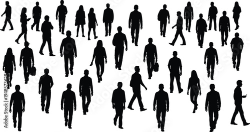 Large group of diverse people silhouettes walking and standing, casual men and women vector figures isolated on white background, crowd.