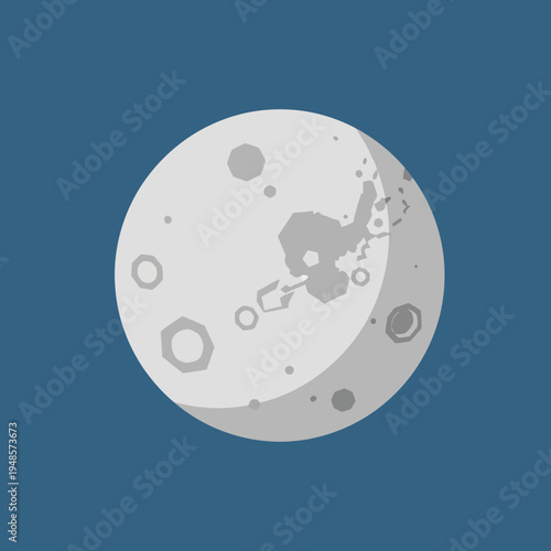 A detailed illustration of the moon, showcasing craters and surface features against a dark blue background.