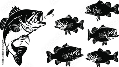 Largemouth Bass Fishing Vector Illustration, Jumping Fish Chasing Lure Silhouette, Freshwater Angling Graphics for Fisherman Apparel, Tournament Posters, and Sporting Goods