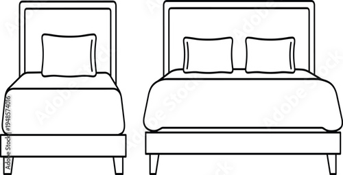 Line Art Illustration of Single and Double Bed Icons Isolated on White Background for Interior Design Furniture Catalog and Bedroom Decor