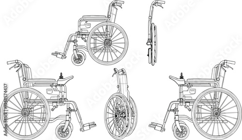 Manual wheelchair technical drawing set, architectural equipment symbol for floor plans, mobility aid vector illustration isolated on white background, accessibility icon.