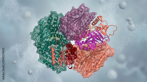 Intricate multicolored molecular structure with green purple pink and orange details on a gray background with water droplets