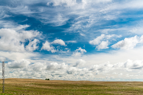 Canada, Saskatchewan, North Battleford.  Big sky over a recently harvested wheat field.