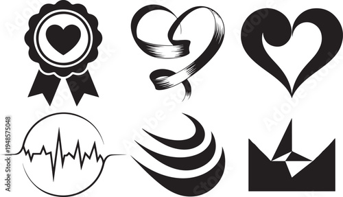 Black silhouette collection of heart icons and medical pulse symbols