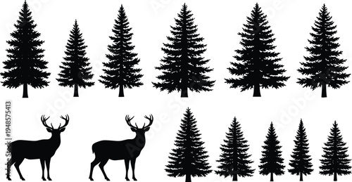 Pine tree silhouettes and deer set, various coniferous forest trees and buck shapes, botanical vector illustration for nature landscape design,