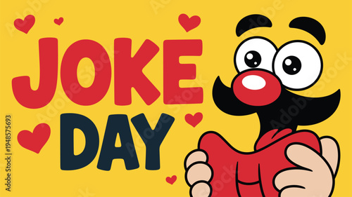 Cartoon character with mustache and red nose holds heart near JOKE DAY text