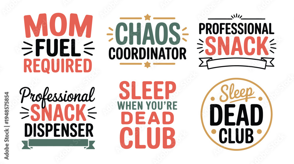 Fototapeta premium Collection of humorous mom themed phrases and typography