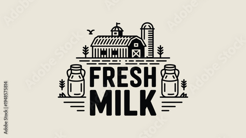 Classic farm scene illustration featuring barn, silo, and milk cans with Fresh Milk text on light background