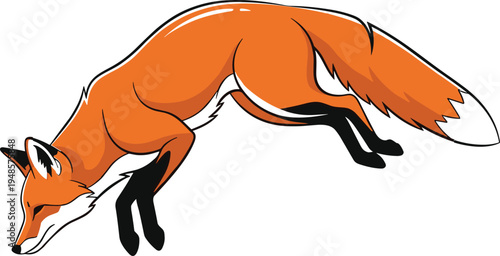 Red fox pouncing in a jumping pose with bushy tail, hand drawn orange wild predator animal icon isolated on white,