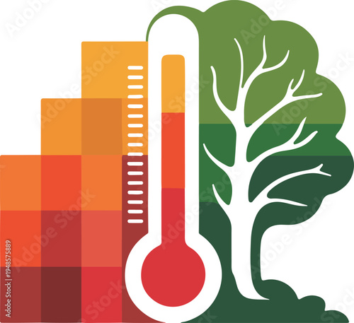 Climate change concept with thermometer tree and bar chart on transparent background