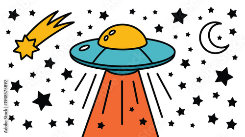Colorful cartoon UFO flying with moon, comet, and numerous stars in space