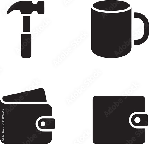 Gentleman lifestyle icons featuring hammer coffee mug and leather wallet