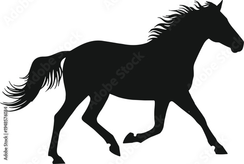 Running horse silhouette vector illustration, black stallion galloping isolated on white, wild animal motion design, equine shape art graphic