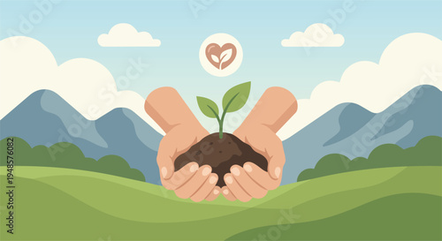 Hands holding soil with a young green plant growing symbolizing environmental care sustainability