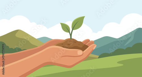 Human hands supporting a small plant growing from soil representing sustainability nature conservation