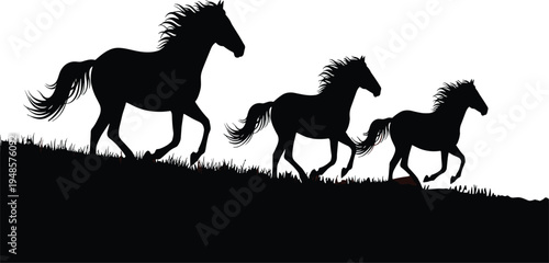Running Wild Horse Silhouettes Collection, Galloping Stallion and Mare Vector Graphics for Equestrian Sport Branding, Ranch Life, and Western Nature