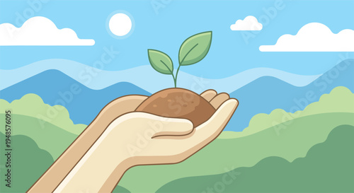 Small green plant sprouting from soil in human hands representing nature protection sustainability