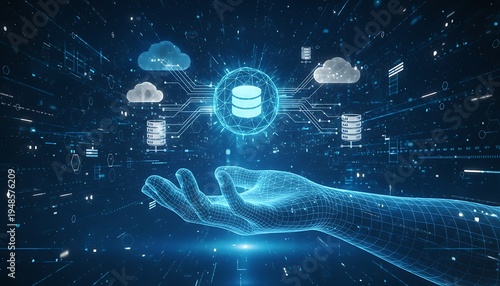 Futuristic Digital Cloud Data Hand with Database Icon